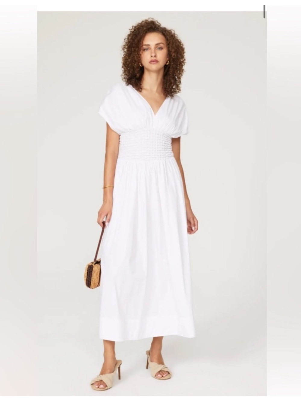 STAUD Jackson Smocked V-Neck White Midi dress Size XS
